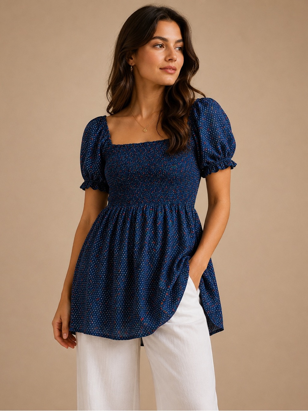 AUW Navy Cherry Print Smocked Puff Sleeve Long Blouse Size Small